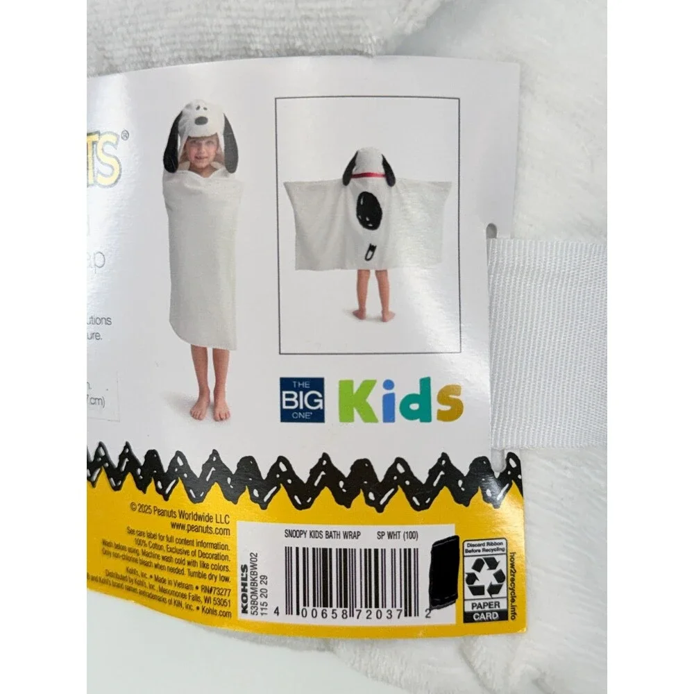 Peanuts Snoopy Kids Hooded Bath Wrap Towel White 25x50